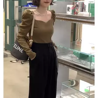 เสื้อสตรีทรงสลิมฟิต คอเหลี่ยม ฤดูใบไม้ผลิและฤดูใบไม้ร่วง เสื้อสตรี แขนยาว ฐานย้อนยุค ดีไซน์เซ็กซี่ เสื้อยืด แขนฟอง#99220