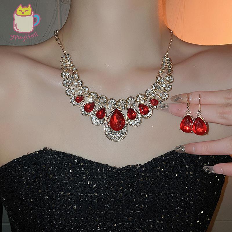 [YPU] เครื่องประดับชุดต่างหูสร้อยคอโลหะแฟชั่นSparkle Diamondชุดสําหรับปาร์ตี้ผู้หญิงของขวัญเครื่องปร