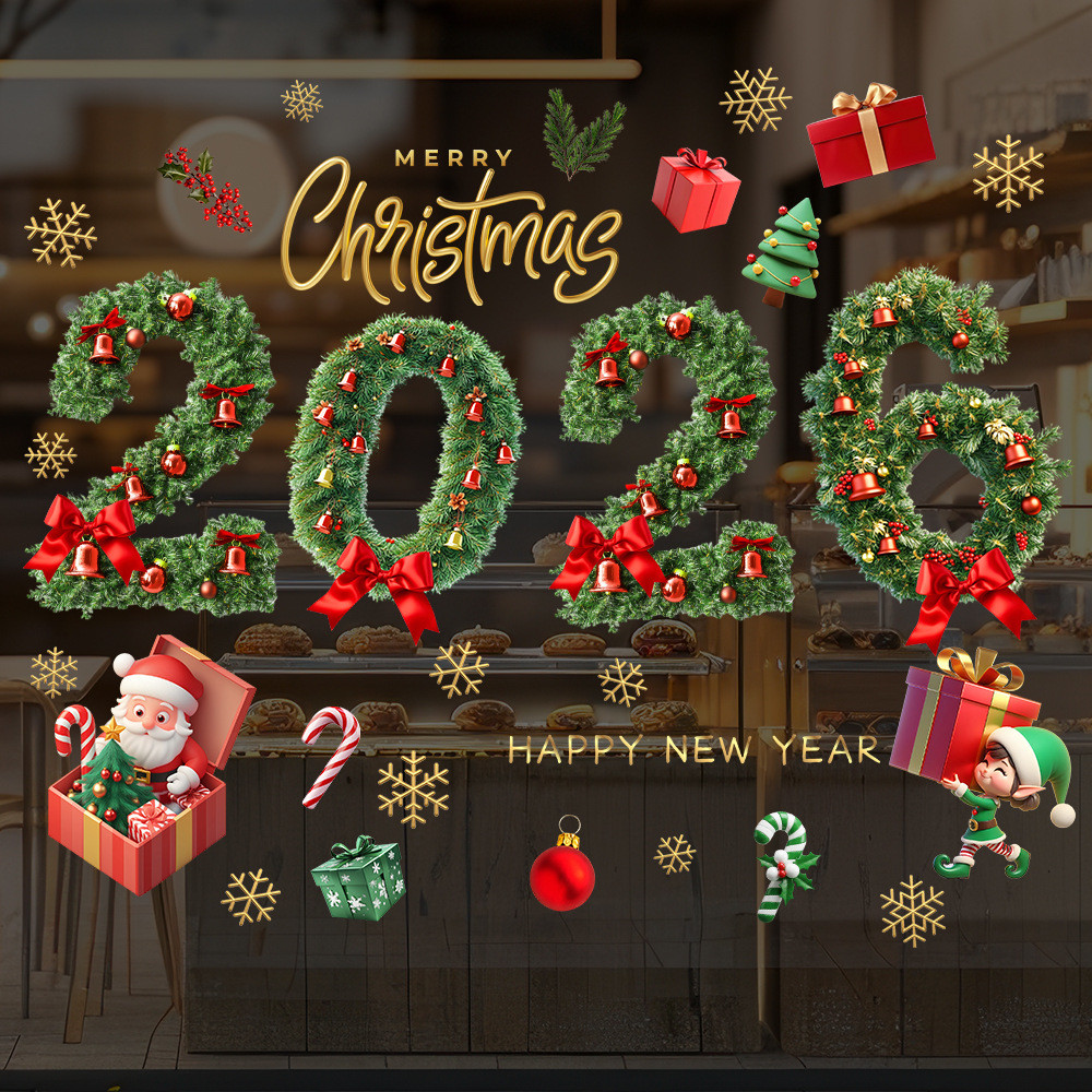 2026 Christmas Window Clings,สีเขียวสนเข็มBell Design,Static Cling Decalsสําหรับในร่มกลางแจ้งประตูกร