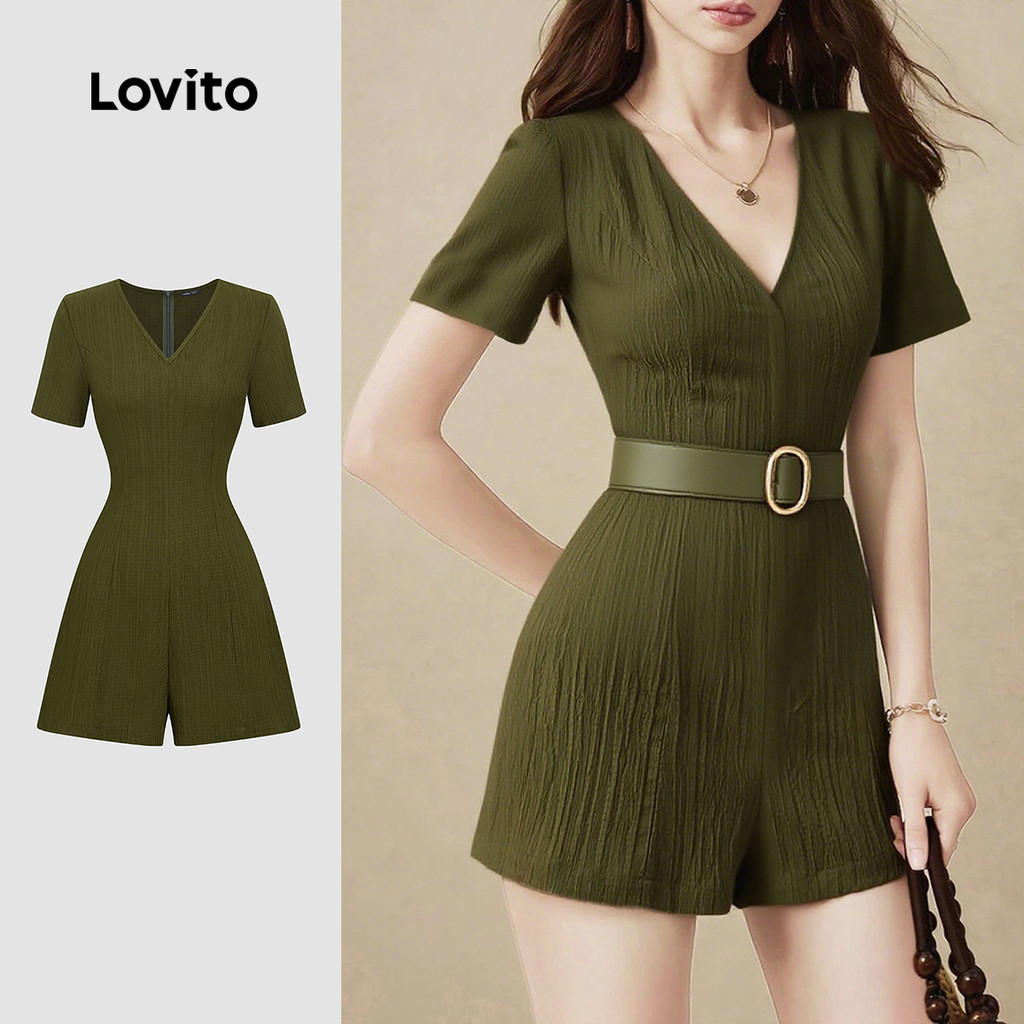Lovito ชุดจั๊มสูทลำลองสุดคลาสสิกและเรียบง่ายสำหรับฤดูใบไม้ผลิ/ฤดูร้อน สีเขียวเข้มสำหรับผู้หญิง L155AD378