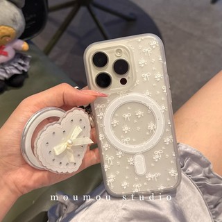Huiwanju Bow สีขาวดอกไม้วงเล็บดูดแม่เหล็กสําหรับ iPhone17promax Apple 14 โทรศัพท์มือถือกรณี 13pro anti-drop 1211 ผู้หญิง 16promax matte