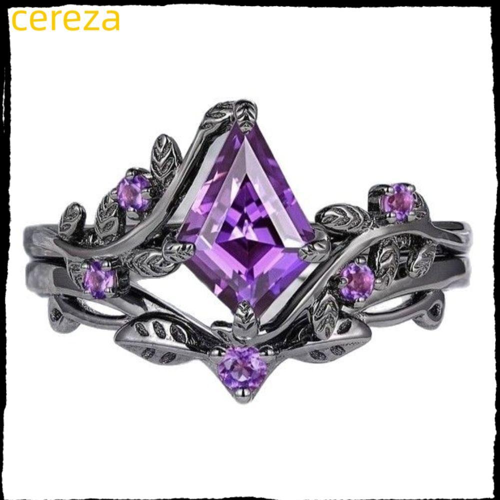 CEREZA แหวนคู่ 2 ชิ้น/เซ็ต ออกแบบแบบ Gothic สแตคABLE ใช้วัสดุโลหะสีดำและคริสตอลไซรินเนีย สีม่วงไม่สม่ำเสมอ