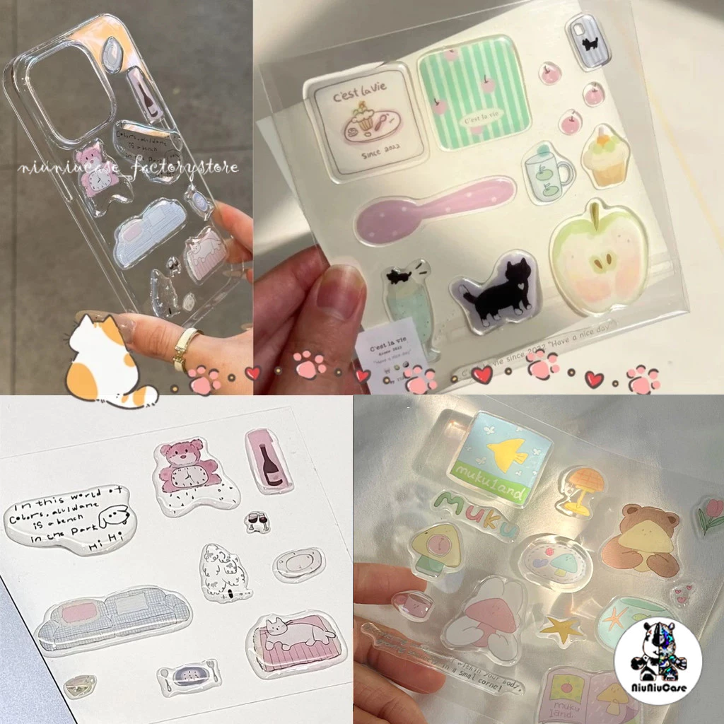 DIY เยลลี่สติกเกอร์กันน้ําใสนุ่มสติกเกอร์น่ารักลูกแมวหมี สร้างสรรค์อุปกรณ์เสริมสติกเกอร์สากลตกแต่งกรณีโทรศัพท์มือถือคอมพ