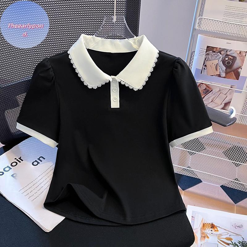 EARLYPTOND เกาหลี Contrast สีลูกไม้ตัดแขนสั้นอเนกประสงค์ Casual เสื้อยืดสําหรับผู้หญิง TH