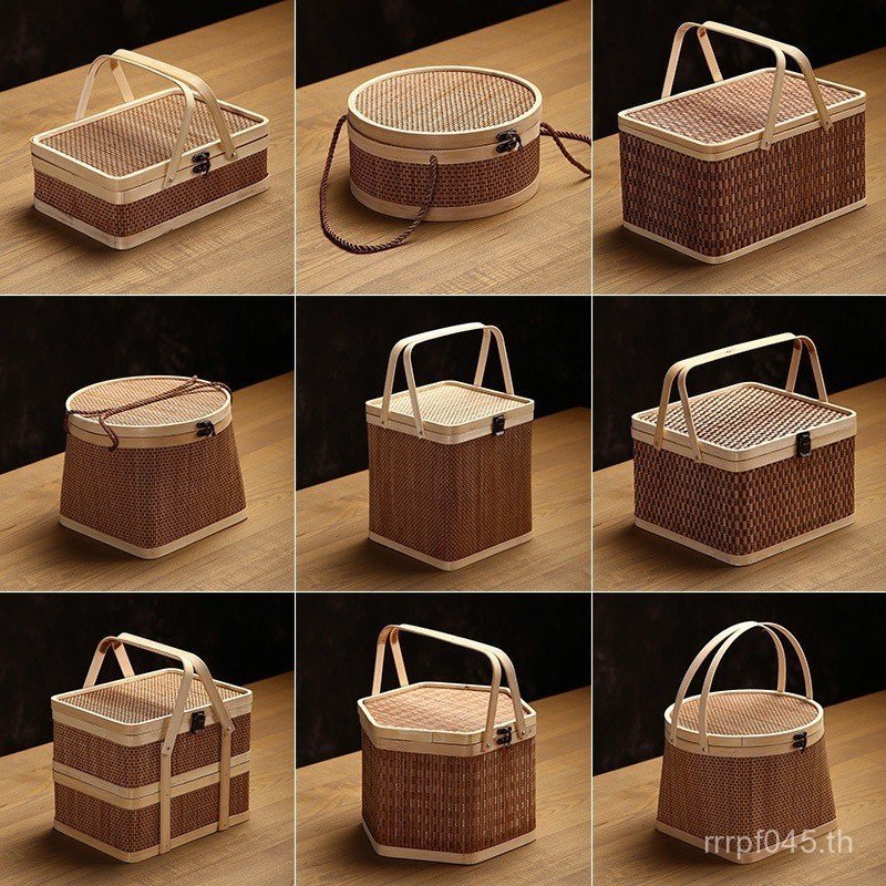 ไม้ไผ่ที่ทําด้วยมือบริสุทธิ์ จงซี ตะกร้าสินค้าปีใหม่ตะกร้าบรรจุภัณฑ์ตะกร้าชาตะกร้าผลไม้กล่องของขวัญข