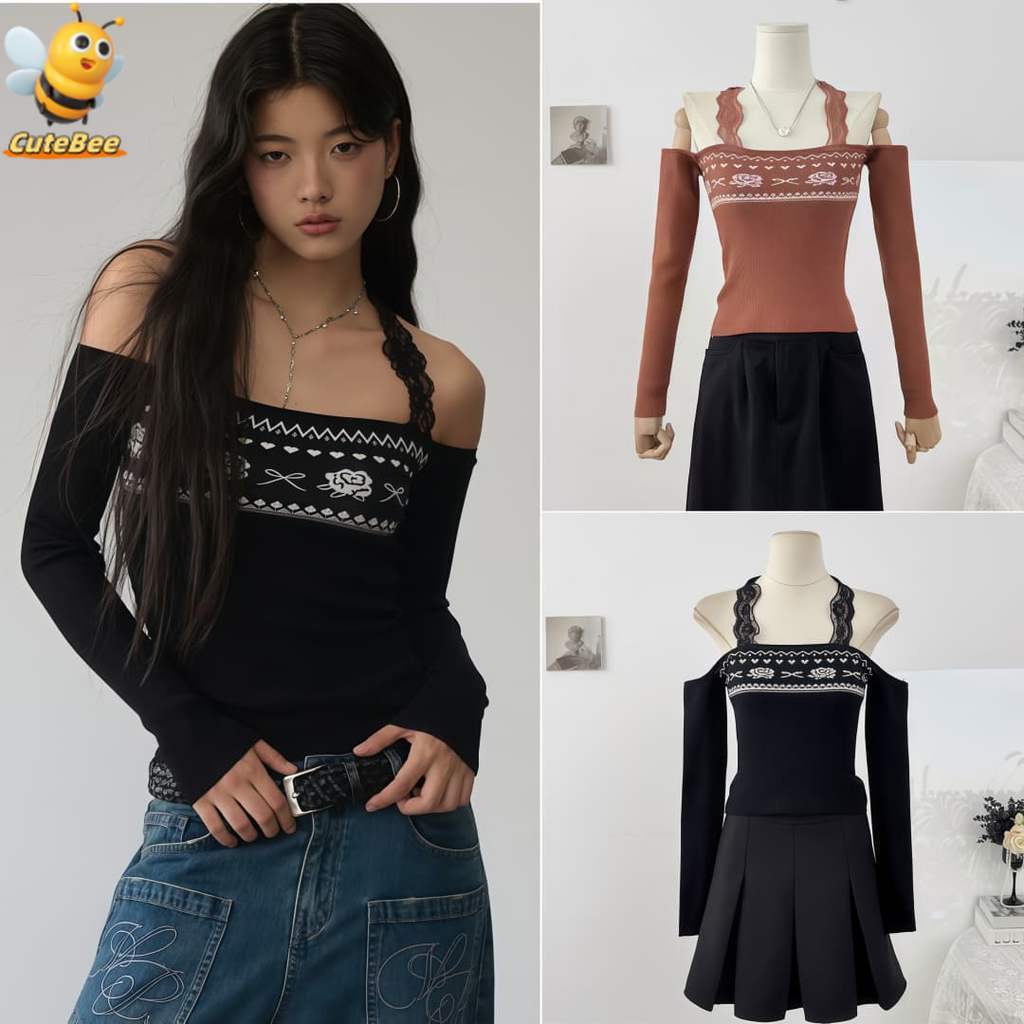 🐝CuteBee🐝22/10 เสื้อไหมพรมเปิดไหล่มินิมอล แขนยาว สไตล์โบฮีเมี่ยน สีพื้นยืดพอดีตัว ลูกไม้ สีดำ' 31122