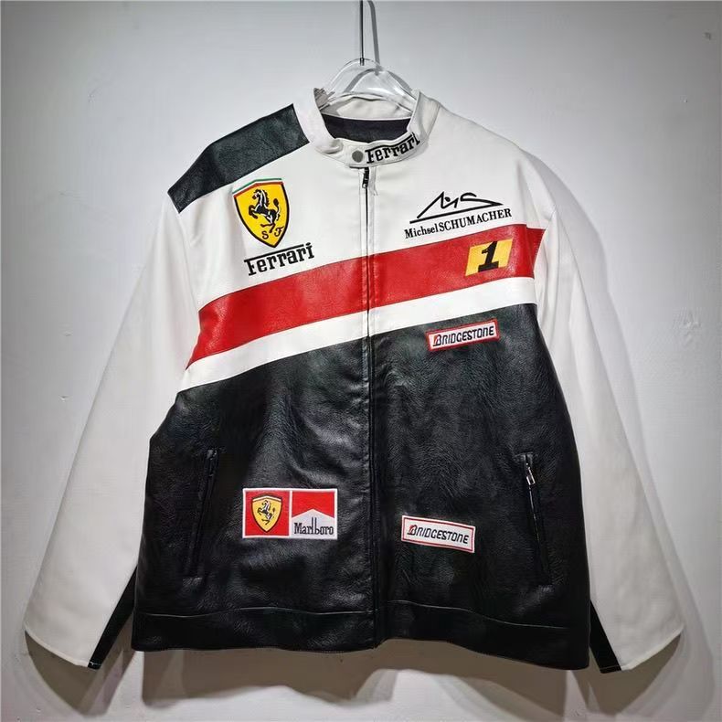 F1 racing jacket, vintage embroidered leather jacket, Lewis, Leclerc, street trend hip-hop style jac