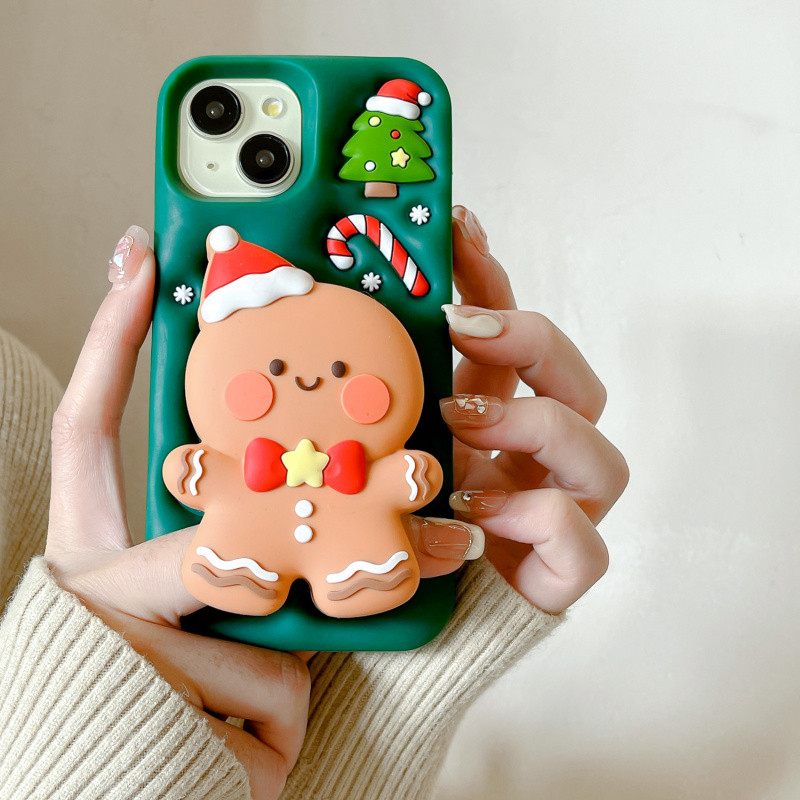3D Telescopic Stand การ์ตูนคริสต์มาส Gingerbread Man เคสโทรศัพท์ซิลิโคนสําหรับ iPhone 17 16 15 14 13 Pro Max Air ปลอกสีเขียวซิลิโคนอ่อนนุ่มฝาครอบป้องกันสําหรับ iPhone17 กรณี