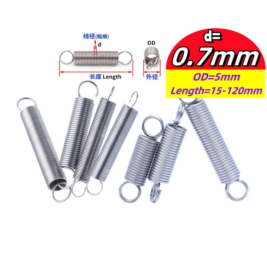 304 สแตนเลส สปริงแรงดึง/สปริง d=0.7mm,OD5mm,L=15~120mm สปริงดึงพร้อมตะขอ ทาประตูโรงรถ bunnings,sewin