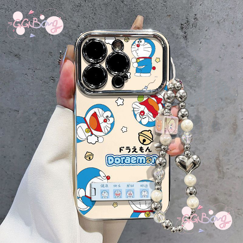 สำหรับ iPhone 11 15 16 13 17air 12 14 Pro Max 7Plus XR X XS Max ตัวเรือนสร้อยข้อมือโดราเอมอนประดับหน้าต่างขนาดใหญ่ลายดาว