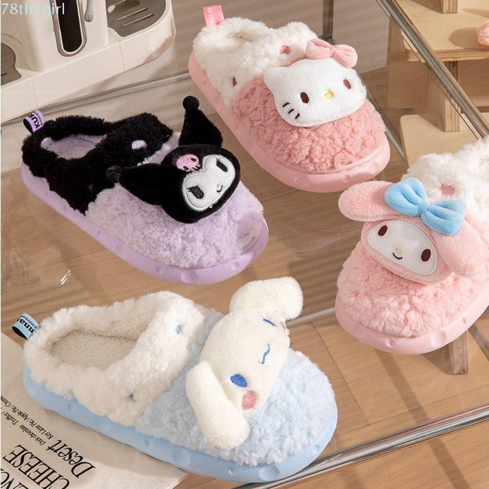 รองเท้าแตะตุ๊กตาอนิเมะ THEGIRL, Kuromi Kitty Student Winter Fluffy Sandals, Cute Warm Fur Anti Slip 
