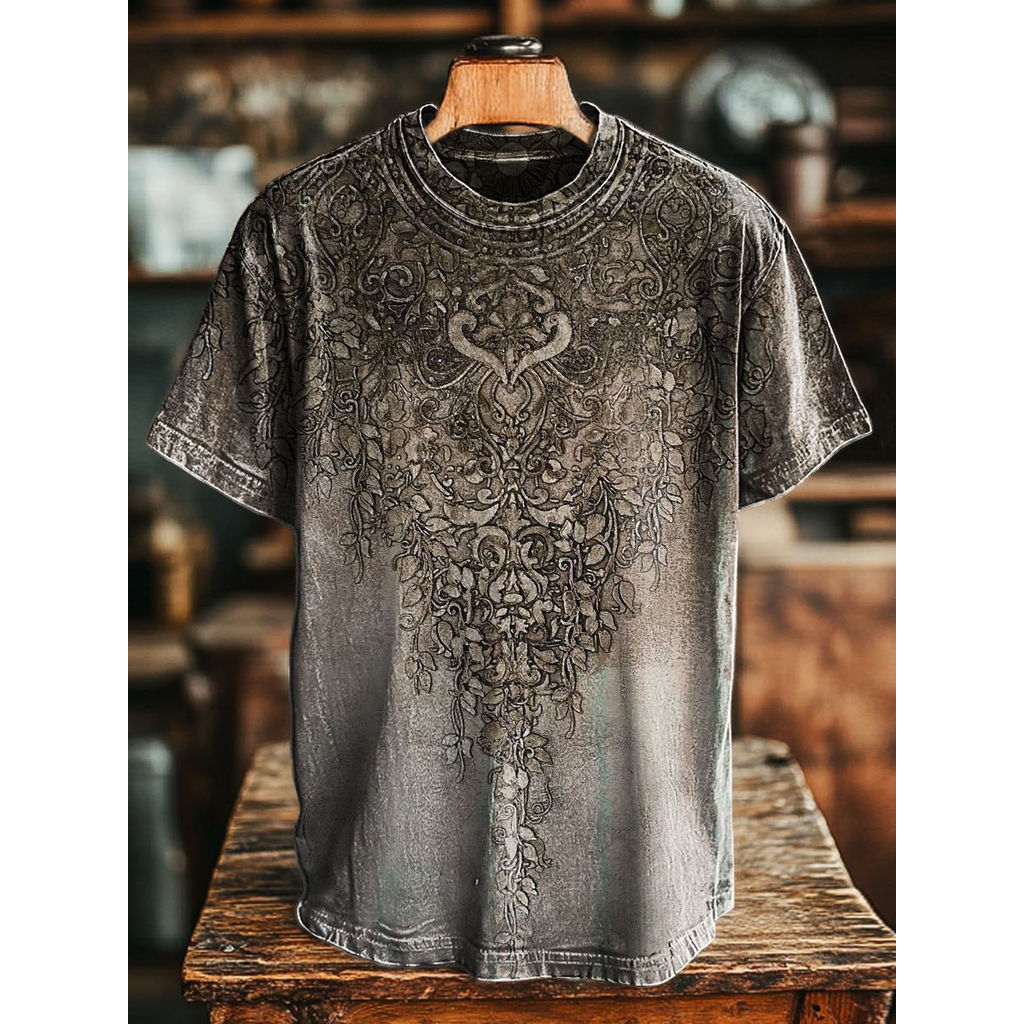 ใหม่ผู้ชาย Vintage Distressed Om พิมพ์ Patchwork Marble พิมพ์ล้าง Casual เสื้อยืด