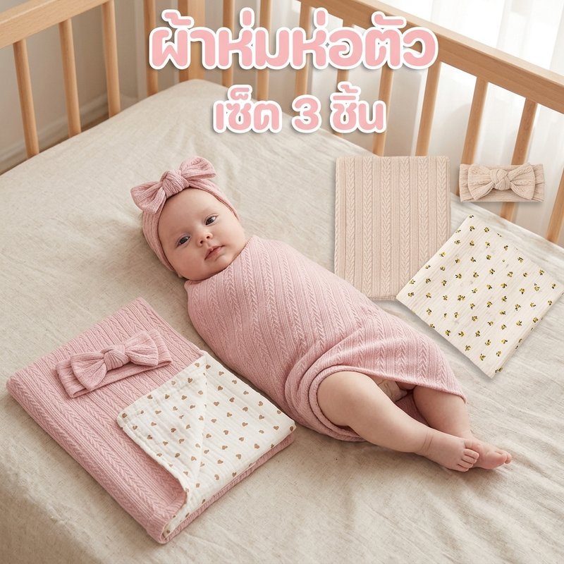 ผ้าห่อตัวเด็กแรกเกิด เซต 3 ชิ้น ผ้าห่มห่อตัว หมวกเด็ก ที่คาดผม ผ้านุ่ม ไม่ระคายเคือง 0 12 เดือน