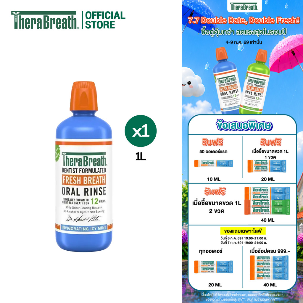 TheraBreath 1L สูตร Invigorating Icy Mint - Mouthwash น้ำยาบ้วนปาก ลดกลิ่นปาก ไม่มีแอลกอฮอล์