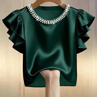 เสื้อสตรีแขนสั้นผ้าซาติน สีแชมเปญ คอประดับมุก แขนระบาย สวยหรู ใส่สบาย เหมาะกับอากาศร้อน