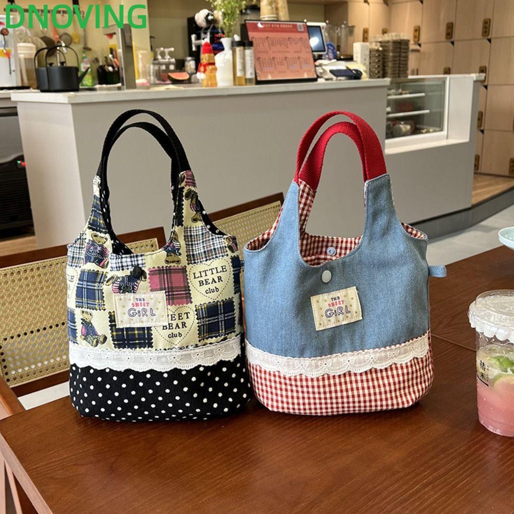 DNOVING Tote Bags, INS Sweet Lace Canvas Handbag, Korean Denim Plaid Commuting Bags