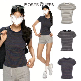 MOSESQUEEN เสื้อยืดแขนสั้นลายทางสีตัดกันย้อนยุคสไตล์อเมริกันคอกลมและดีไซน์ไหล่ด้านหน้า - ท็อปมีสไตล์สําหรับร่างกาย #63960