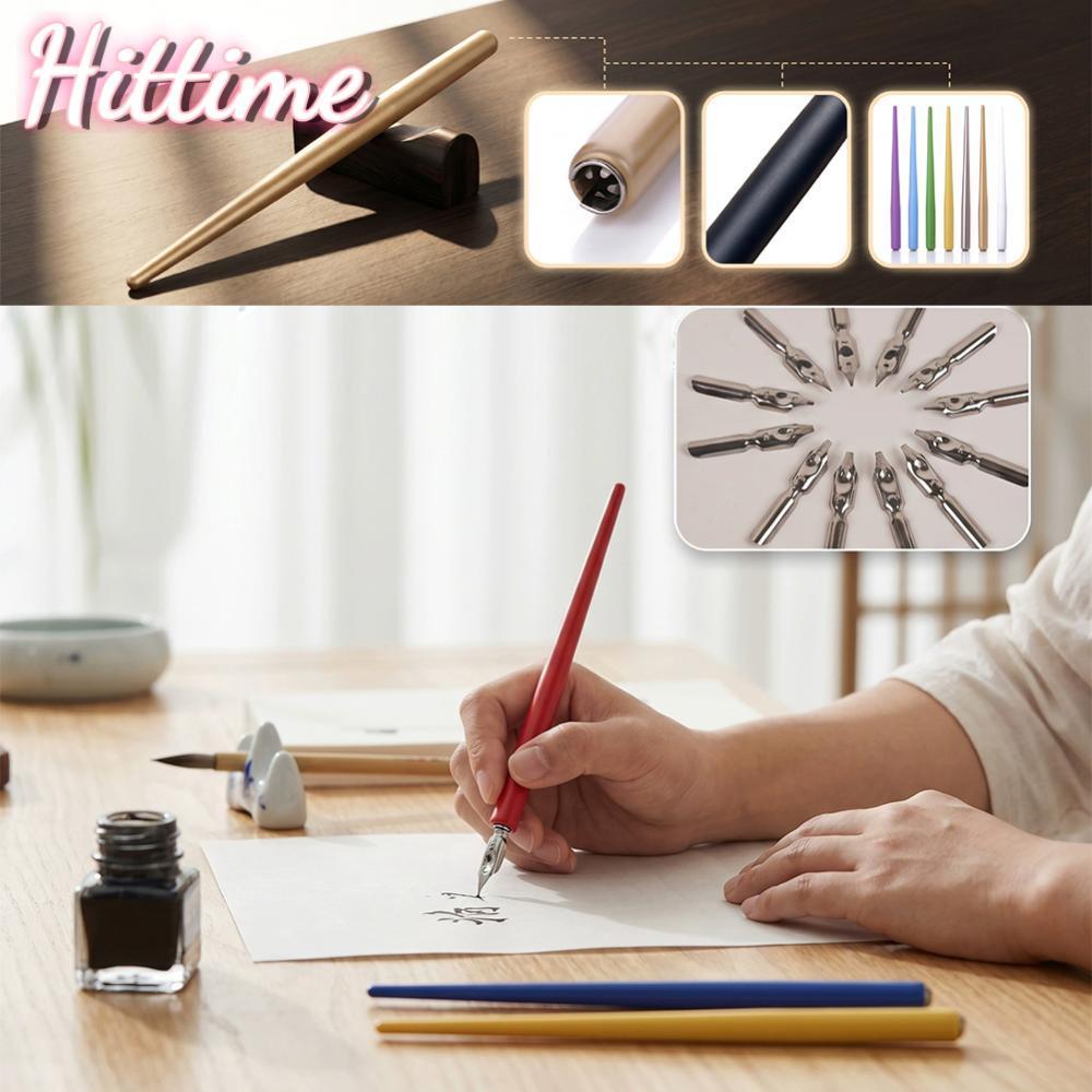 HITTIME Dip Fountain ชุดปากกาไม้สแตนเลส Nib การประดิษฐ์ตัวอักษรการ์ตูนวาด Sketching เครื่องเขียน Art