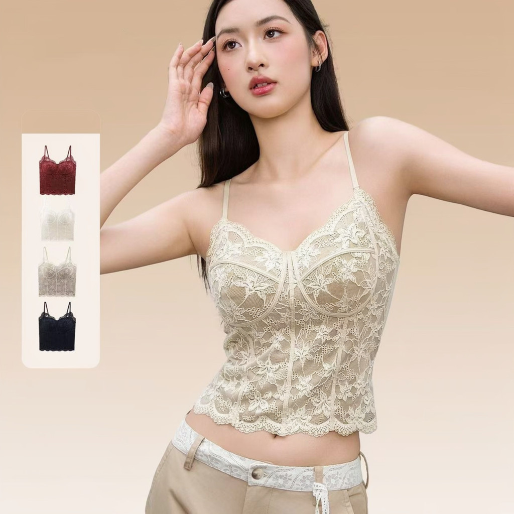 LB บราลูกไม้สายเดี่ยว เสื้อครอปลูกไม้ บราในตัว เก็บทรง ใส่สบาย แมทช์ง่าย