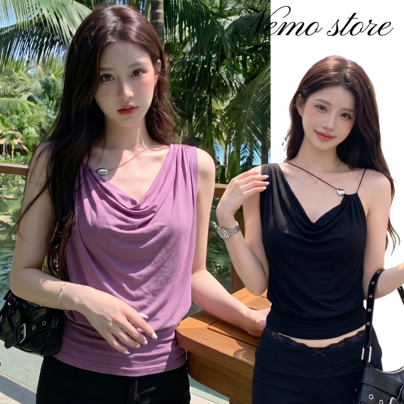 Nemo เสื้อกล้ามผู้หญิงคอวีลึกเปิดไหล่ไม่มีแขนสไตล์เกาหลี ผ้านุ่ม ใส่สบาย เซ็กซี่เข้ารูป (A8393)