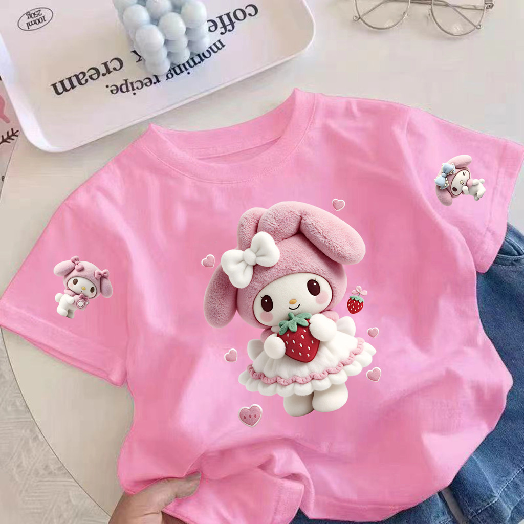 Pebbi Baby เสื้อยืดเด็กฤดูร้อน ลายMy Melody ซานริโอ้ ผ้าฝ้าย100% นุ่มสบาย เสื้อแขนสั้นเด็กผู้หญิง สไตล์เกาหลี มีไซซ์90-1