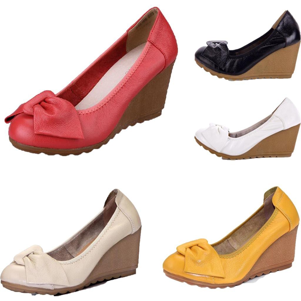 PB5 dedetripe#Women Office Mid High Heel Wedges Platform Shoes