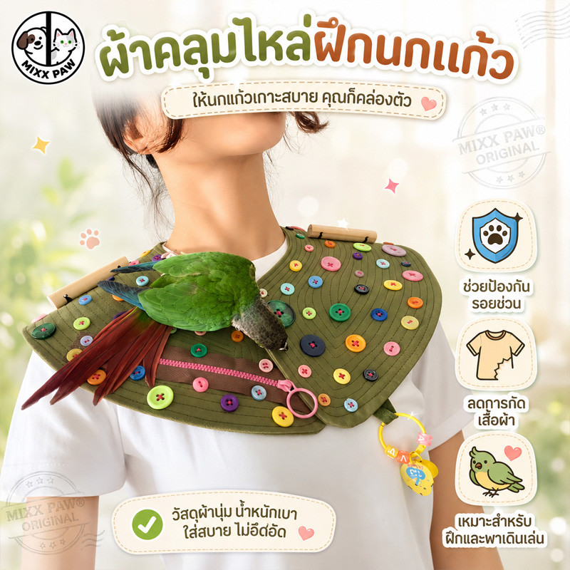 ผ้าคลุมไหล่ฝึกนกแก้ว กันข่วน กันกัด กันมูลนก อุปกรณ์ฝึกนก พาน้องนกออกนอกบ้าน ใช้งานง่าย ทำความสะอาดง่าย