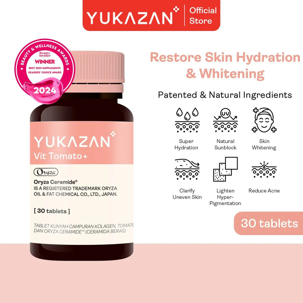 Yukazan Vit Tomato+ Brightening อาหารเสริม - คอลลาเจน, ถั่วขาว, Oryza Ceramide Chewable Tablet - Ora