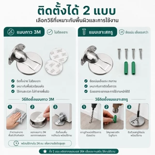 กันชนประตู แม่เหล็ก ที่หยุดประตู แบบติดพื้น ไม่ต้องเจาะ สแตนเลส แข็งแรง ทนทาน ป้องกันชนผนัง พร้อมสกรู สีเงิน/ดำ
