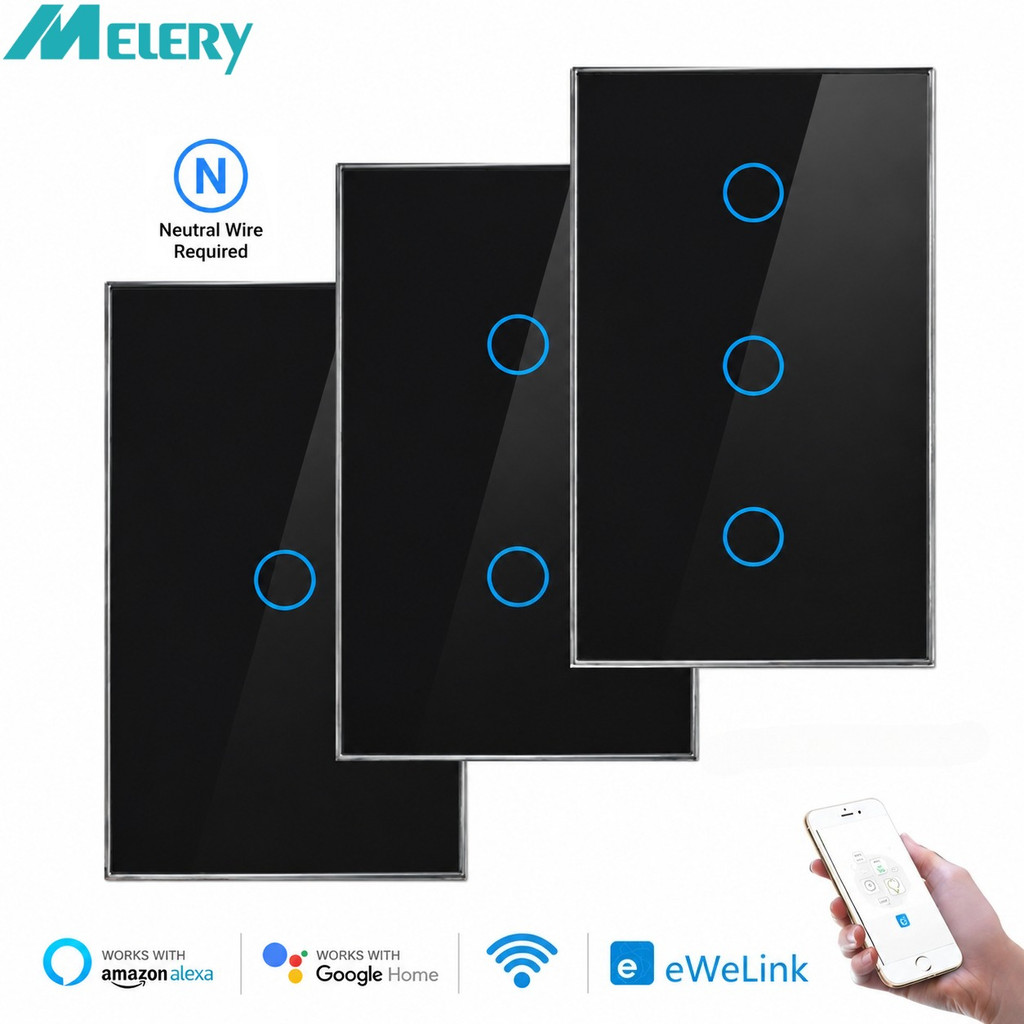 Melery EWelink แผงสวิตช์ไฟอัจฉริยะ Wifi บลูทูธ เซนเซอร์สัมผัส แผงกระจก รีโมตคอนโทรลด้วยเสียง Alexa Dot Google Home App Assistant