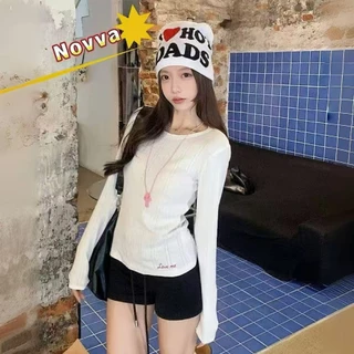 พร้อมส่งจากกทม เสื้อยืดแขนยาวปักลาย แจ็คคาร์ด เสื้อยืดผู้หญิงน่ารักๆ สไตล์เกาหลี ผ้ายืด นุ่ม🎀Novva