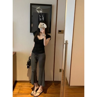 ❤ 🧵 🇰🇷 W10337 กางเกงขายาวผ้ายืดทรงขากว้างปลายบาน เอวยางยืดผูกเชือก ผ้ายืดนิ่ม แฟชั่นเกาหลี TAG WG.WE 🧡