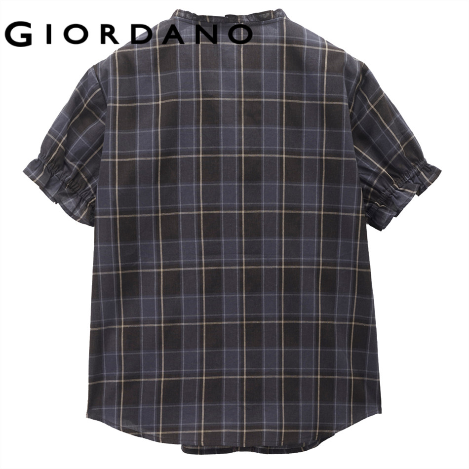 GIORDANO بلوزة نسائية كاروهات فينتج بياقة V وكشكش — صورة 3