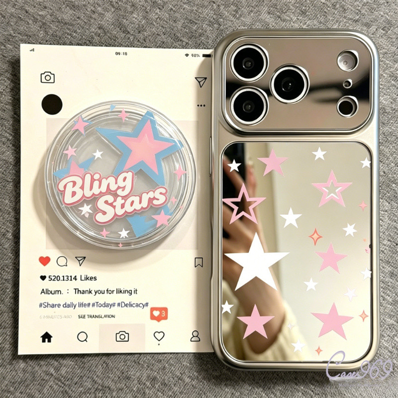 เคสไอโฟน 16 pro max ใช้ได้กับ iPhone 14 XS MAX 15 17 12 XR 15 plus X 13 17 Pro Max 11 AIR เคสเงินลายดาวหลายสีขาตั้ง