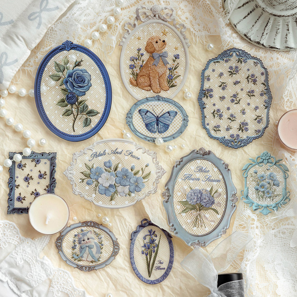 QOUZMO 10PCS Vintage ลูกไม้สติกเกอร์กรอบ, Retro เย็บปักถักร้อยดอกไม้สัตว์ PET สติกเกอร์สําหรับ Journaling Scrapbooking Planner อัลบั้ม Junk Journal Decor, ลูกไม้ดอกไม้กรอบ Series