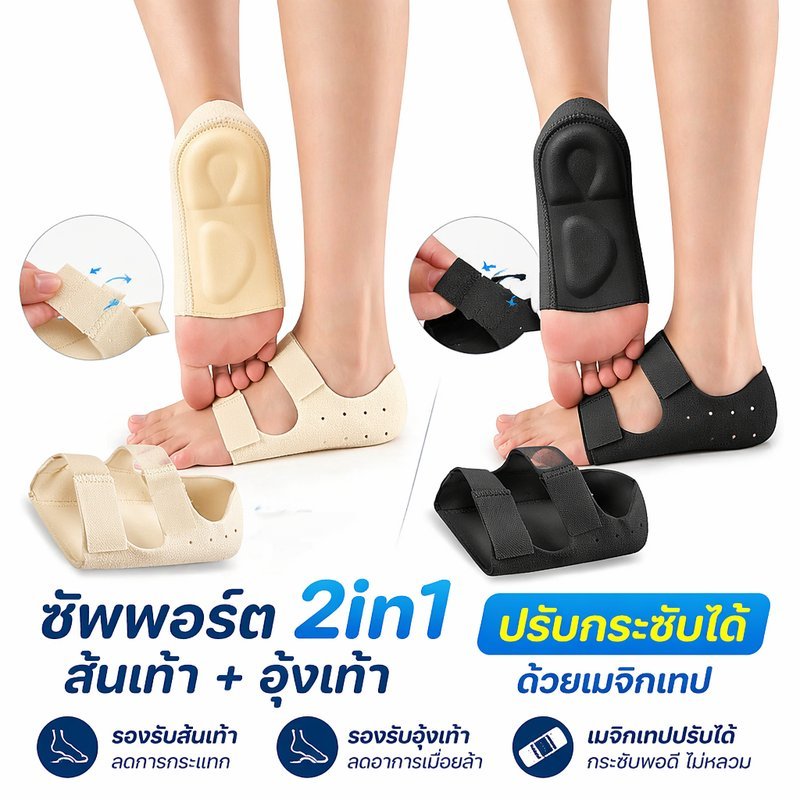 ถุงเท้าเจลซัพพอร์ตเท้า 2in1 รองรับอุ้งเท้า แผ่นเจลส้นเท้า กันกระแทก ปรับตีนตุ๊กแก สีดำ