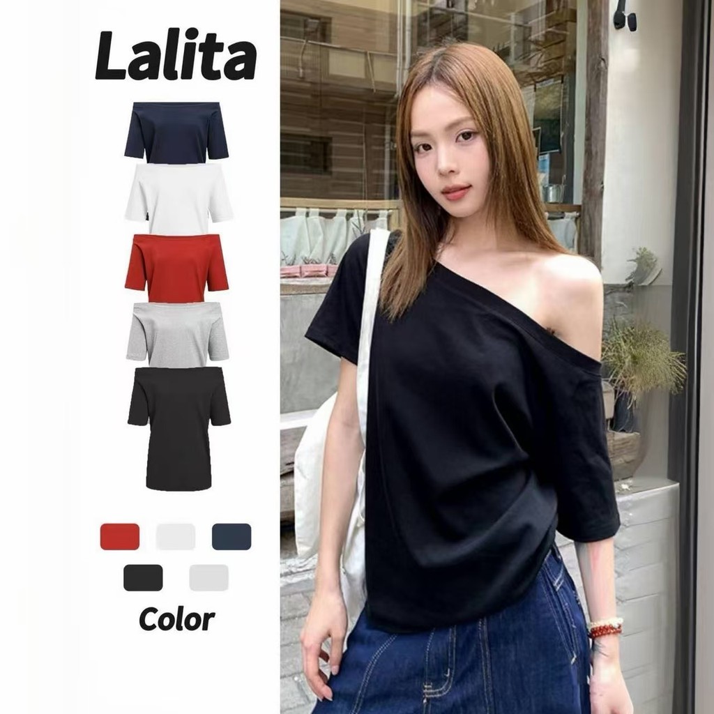 ส่งไวจากไทย ทรงหลวม เสื้อยืดเปิดไหล่ เสื้อเเขนสั้นผู้หญิง ใส่เเบบเปิดไหล่ได้ ผ้านิ่ม Lalita