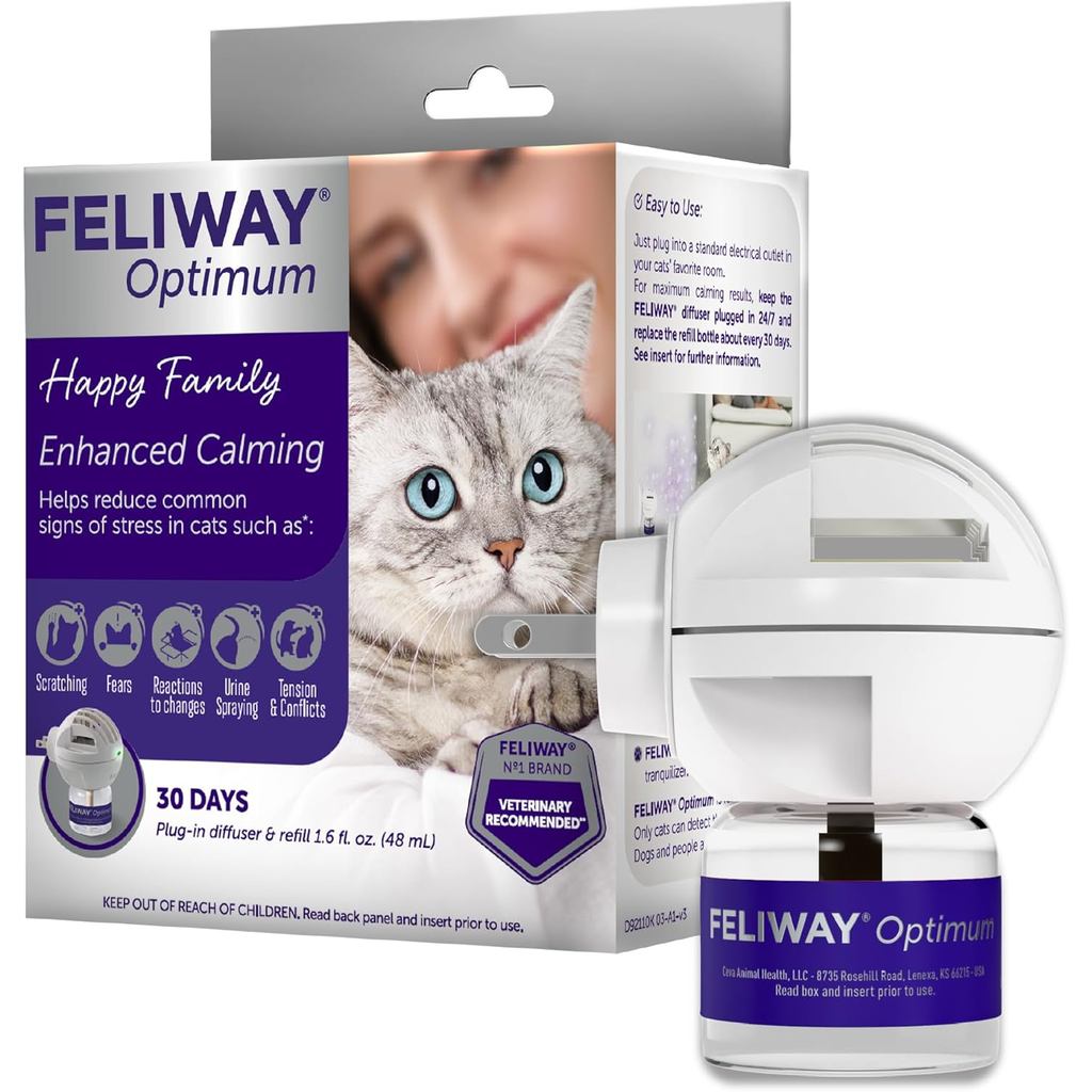 FELIWAY Optimum Cat Calming Diffuser Kit – รองรับขั้นสูงเพื่อช่วยลดการพ่นปัสสาวะ เกา ต่อสู้ และซ่อนเนื่องจากความเครียด – 30 วัน All in One Cat Pฟีโรโมน Plug In D