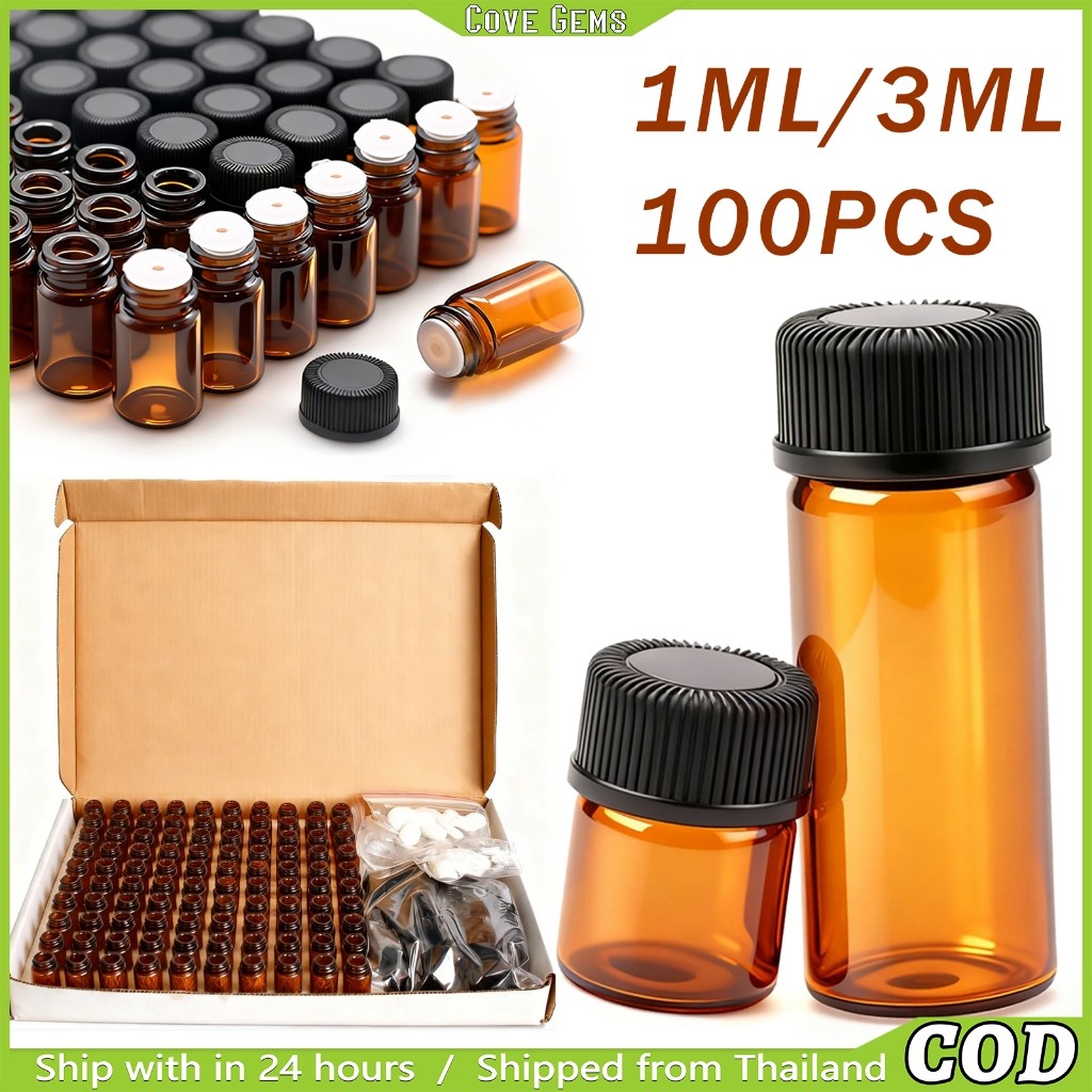 ขวดแก้วอำพันใส่น้ำมันหอมระเหย ปิดสนิทไม่รั่ว ขนาด 1ml และ 3ml ใช้งานซ้ำได้ เหมาะกับน้ำหอม อโรม่า 100 ชิ้น