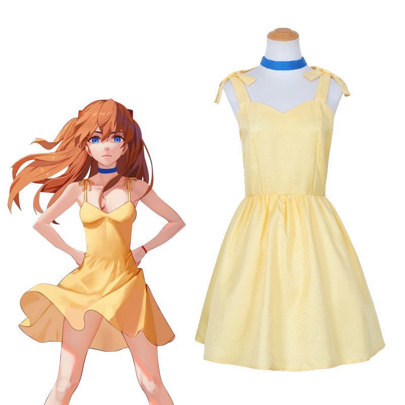 ชุดของ Asuka จาก Evangelion ชุดคอสเพลย์ Asuka ชุดสีเหลืองน้อยของ Asuka สายสั้น