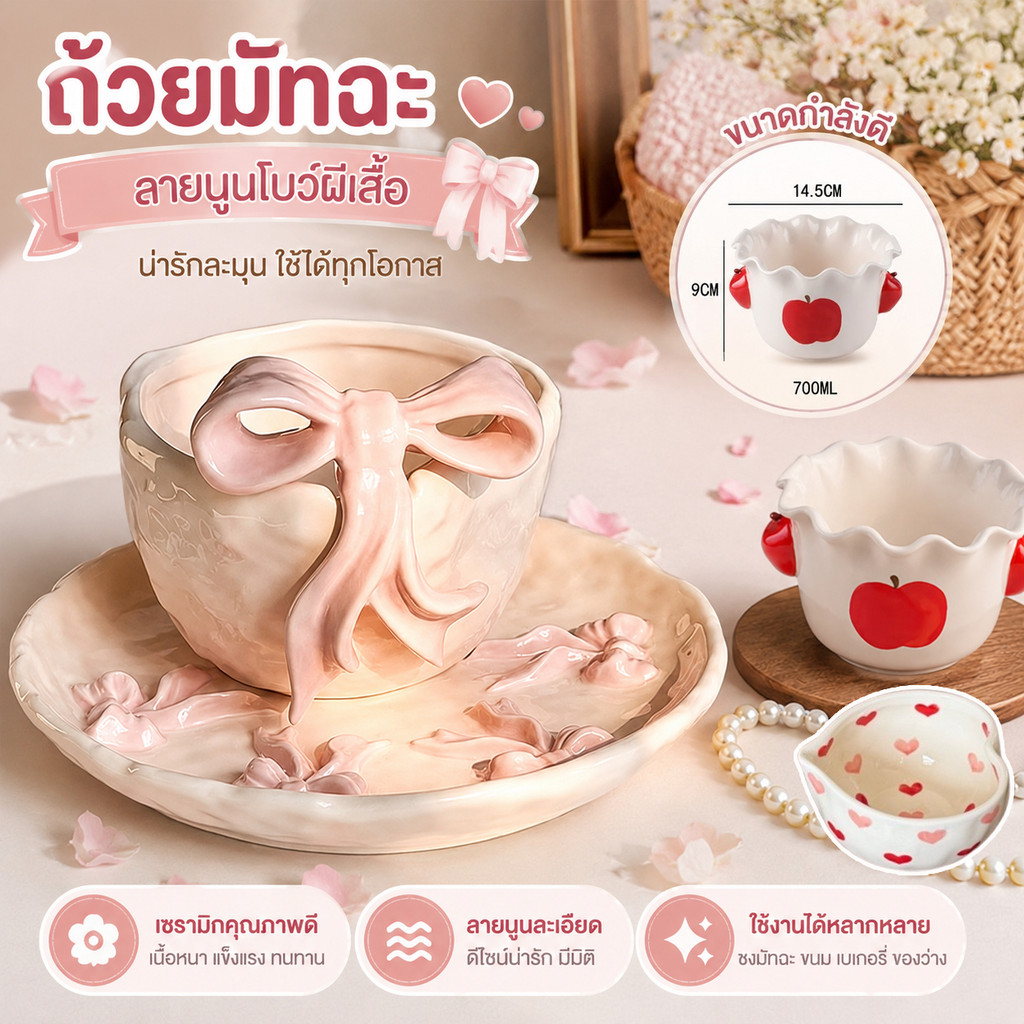 ถ้วยมัทฉะ ชามเซรามิคลายนูน chawan ลวดลายนูนรูปโบว์ผีเสื้อ โบว์นูน เครื่องใช้บนโต๊ะอาหารขนมประณีตสําหรับทําเบเกอรี่