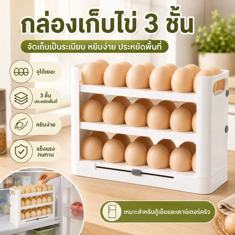 กล่องเก็บไข่ 3 ชั้น ความจุ 30 ฟอง สำหรับตู้เย็น รองรับไข่หลายขนาด ช่วยประหยัดพื้นที่