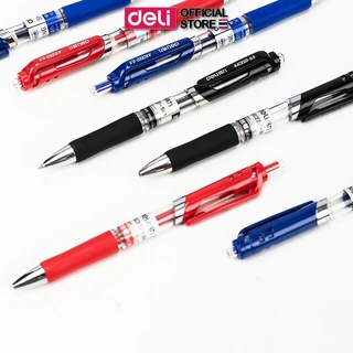 ปากกาเจล Deli แบบกด 0.5 มม. หมึกดำ แดง น้ำเงิน เขียนลื่น เส้นคม สีชัด ไม่เลอะมือ Gel Pen