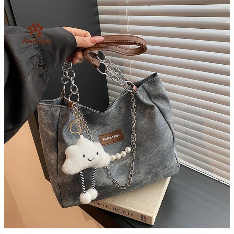 [Fas-t] Gradient Leather Women Office Tote Bag with Pearl Chain Spacious Shoulder Bag for Profession