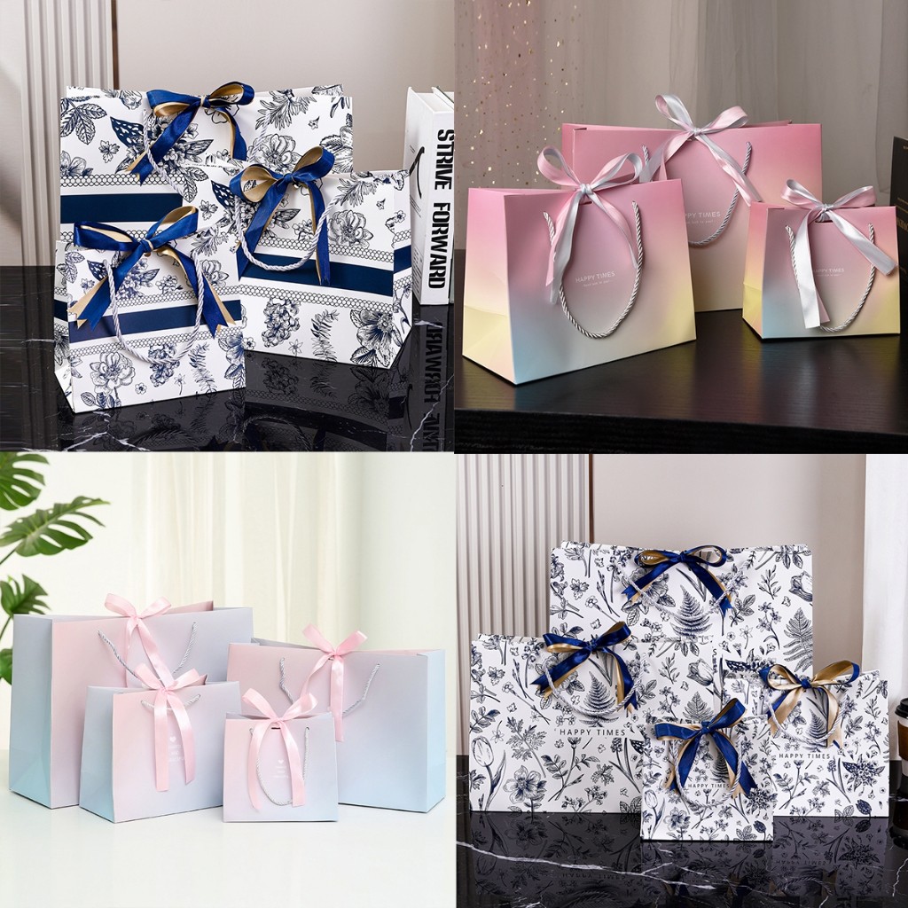BLIVO พร้อมส่ง...ถุงกระดาษ ถุงกระดาษหูหิ้ว ถุงของขวัญ พิมพ์ลาย ผูกโบว์ ใส่ของรับไหว้ ดีไซน์สวย ริบบิ้นทูโทน ผูกริบบิ้น