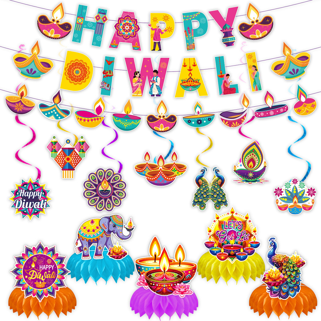 Diwali Party Decor ชุด Bunting แบนเนอร์แขวนเกลียวรังผึ้ง Centerpiece เครื่องประดับสําหรับเทศกาลอินเด