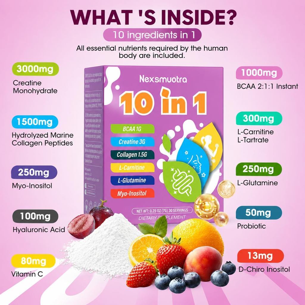 ผงครีเอทีนและคอลลาเจนของผู้หญิง,10-in-1 Pre/Post Workout Blend with BCAA, Inositol, Hyaluronic Acid 