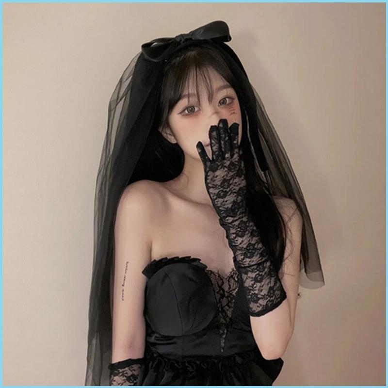 EZR ฮาโลวีนเจ้าสาว Veil Bowknot สาวเจ้าสาวสั้น Tulle Veil งานแต่งงานผม Decor