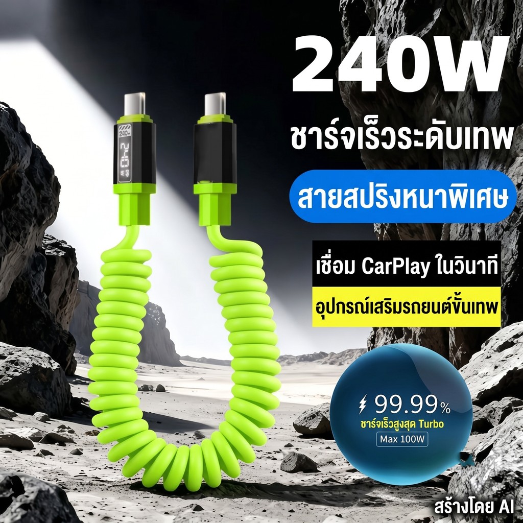 สายชาร์จไว 240W Type-C to Type-C สปริงยืดหด ซิลิโคนนุ่ม จัดเก็บง่าย ไอเทมติดรถ 1m 2m