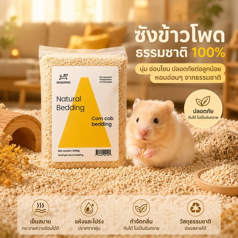 รองกรงแฮมสเตอร์ ซังข้าวโพดธรรมชาติ แห้งไร้ฝุ่น ดูดซับกลิ่น ระบายอากาศ อนุภาคใหญ่